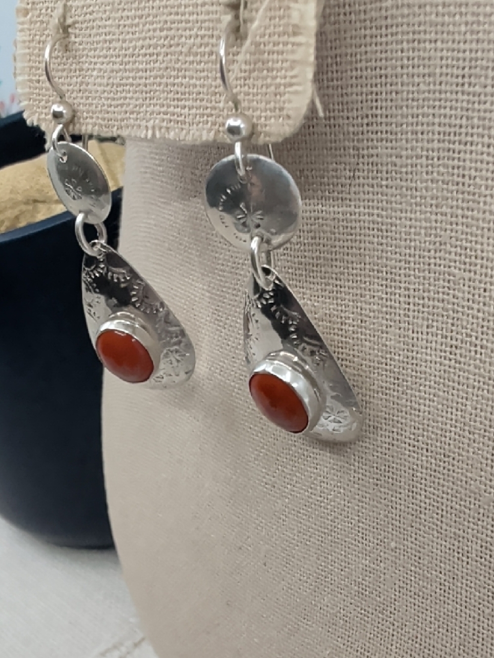 Vintage Sterling Silver Red Coral Cabochon Teardrop Dangle Earrings Artisan - Picture 16 of 17